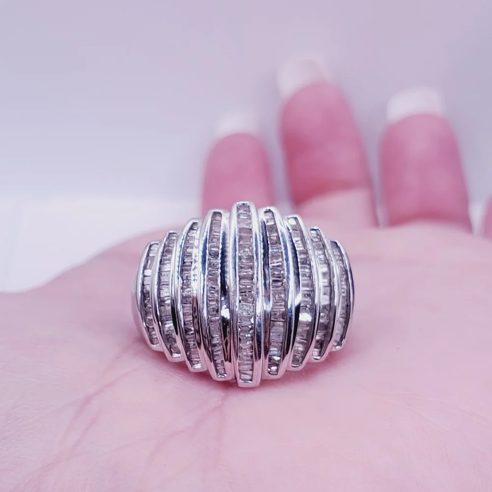 10k Solid White Gold Genuine Channel Set Baguette Diamond Statement Ring